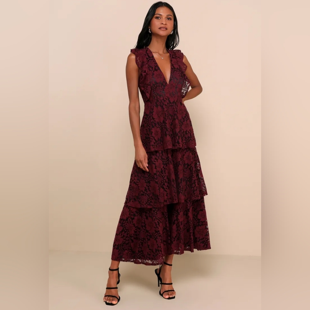 Lulus Molinetto Burgundy Lace Ruffled Tiered Sleeveless Maxi Dress XL